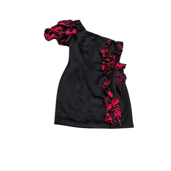IvaNova Designer One Sleeve Black With Red Ruffle Cocktail Party Mini Dress SZ 4 - Picture 1 of 9